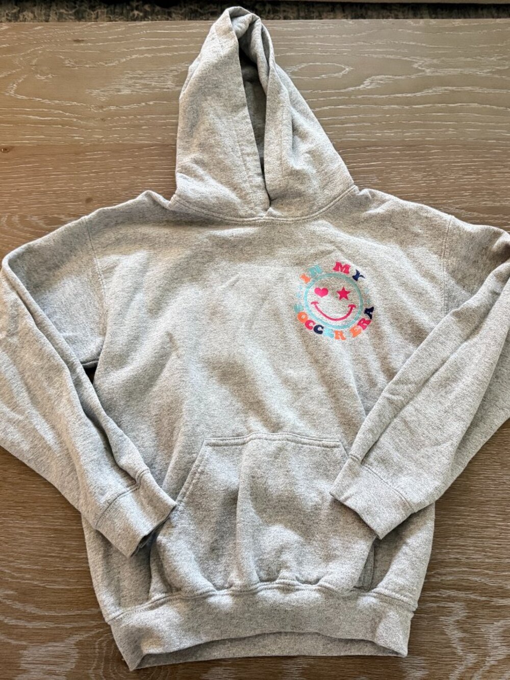 Girls Gildan Gray sweatshirt hoodie in my soccer era size youth medium